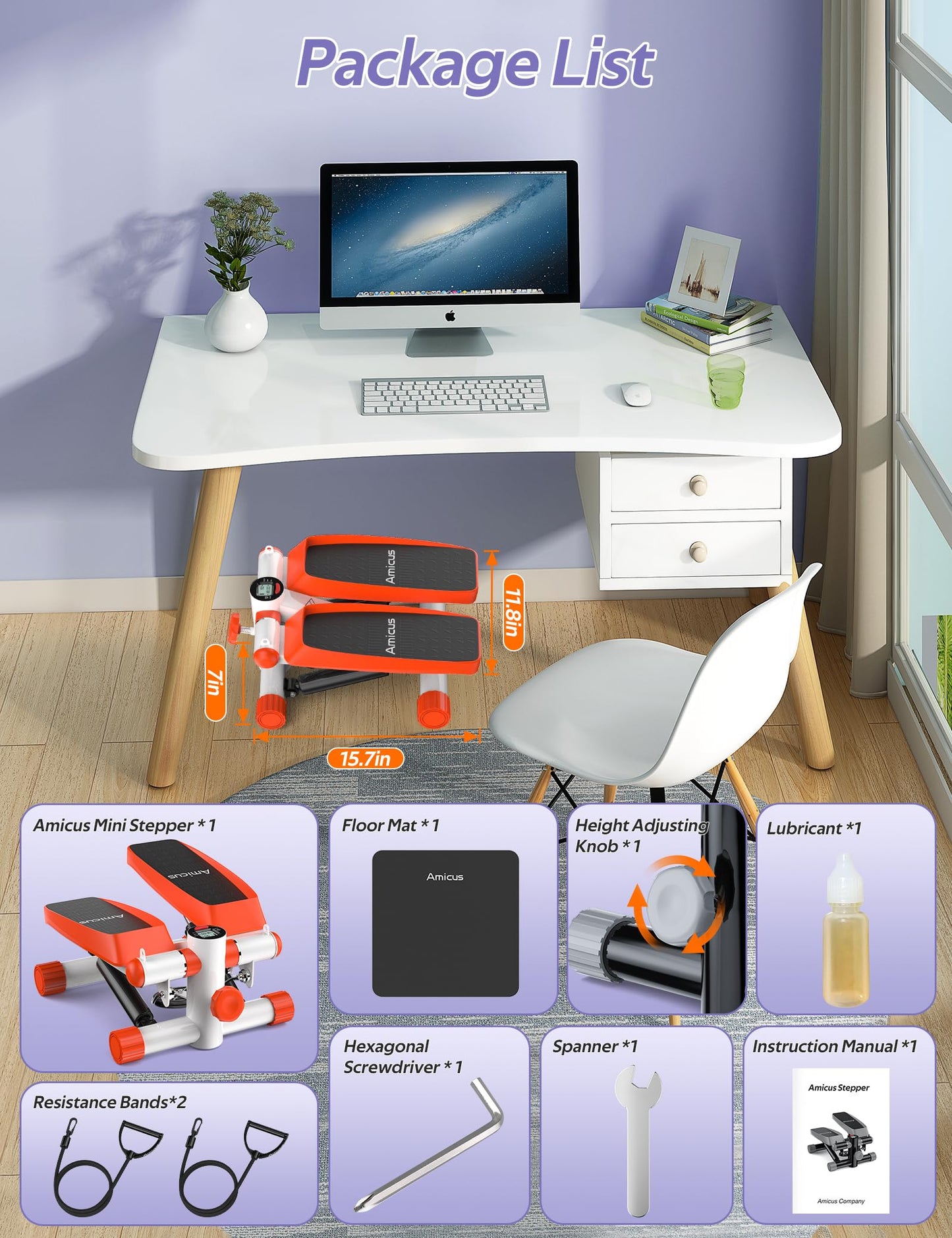 Amicus Mini Stepper for Exercise, Stair Stepper with Resistance Bands, Hydraulic Fitness Stepper Exerciser Machine for Home, 330lbs Weight Capacity, Orange White