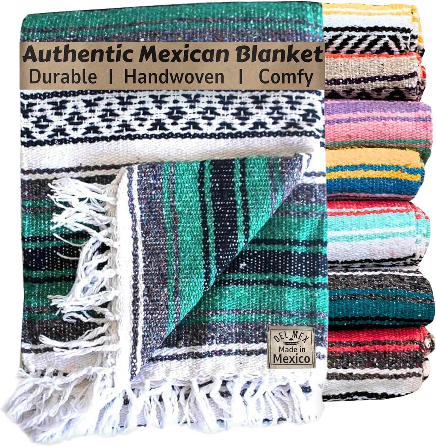 Authentic Del Mex Large Mexican Blanket - Woven Falsa Throw (70"x50") for Beach, Yoga & Outdoor Decor - Pink/Tan