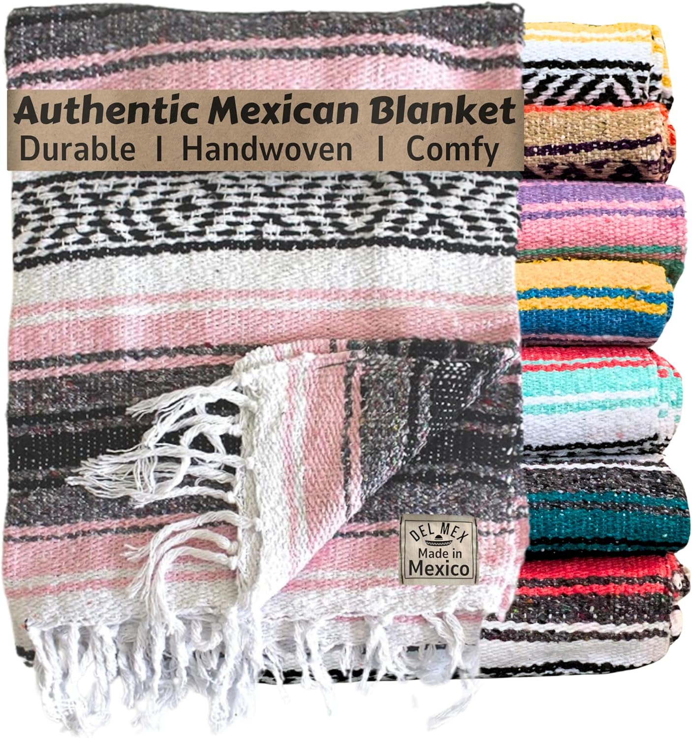 Authentic Del Mex Large Mexican Blanket - Woven Falsa Throw (70"x50") for Beach, Yoga & Outdoor Decor - Pink/Tan