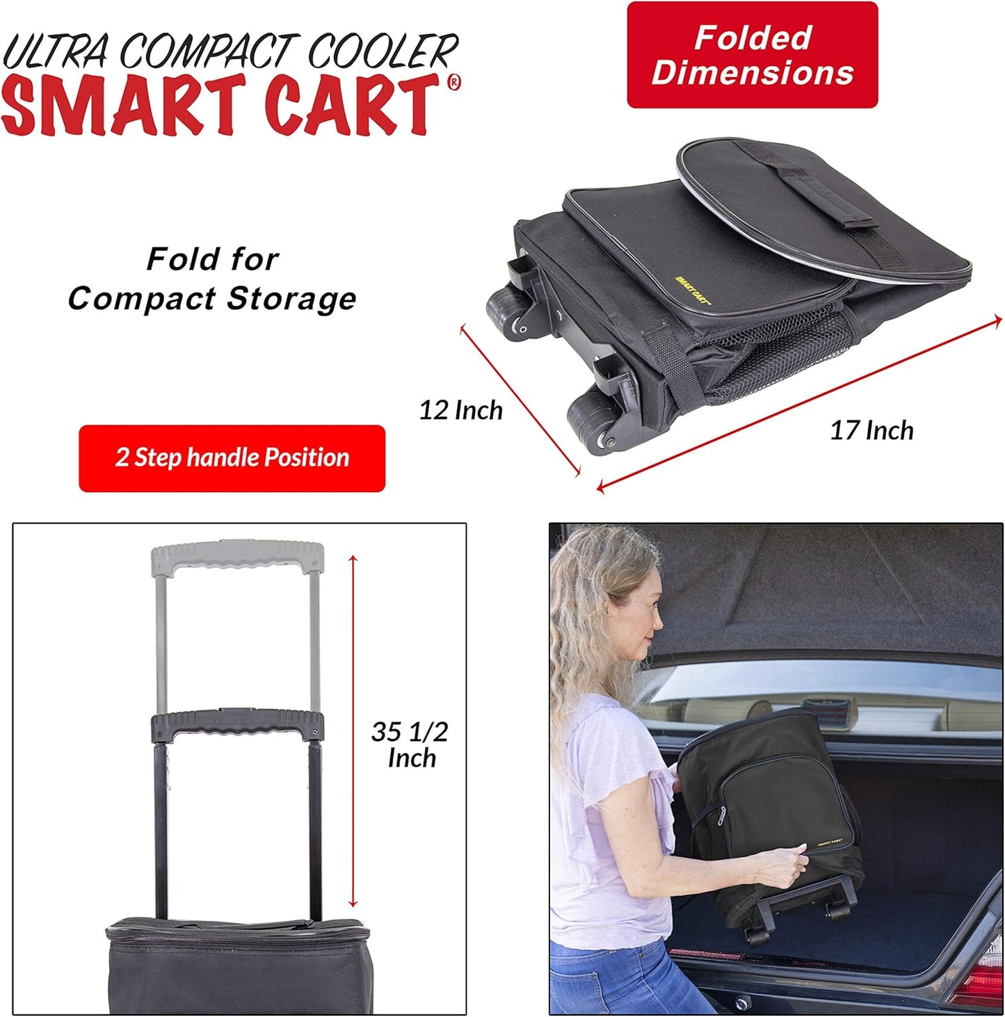 Ultra Compact Cooler Smart Cart with Wheels - Collapsible Insulated Cooler Bag - Foldable Travel Cooler 36 Cans - Leak Proof Trolley - Black