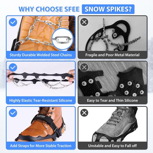 Sfee Crampons for Shoes and Boots - Non Slip Gripper Spikes with Stainless Steel Chains, Traction Cleats for Snow and Ice, Hiking, Climbing, Ice Fishing (M)