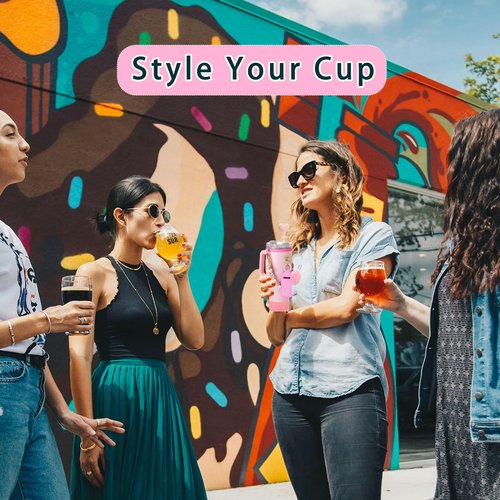 HAOYINEER Cup Accessories Set for Stanley Cup 40oz 30oz Tumbler, Including Water Bottle Handle Strap, Silicone Spill Proof Stopper, Silicone Cup Boot, 2 Pcs Charms, Pink