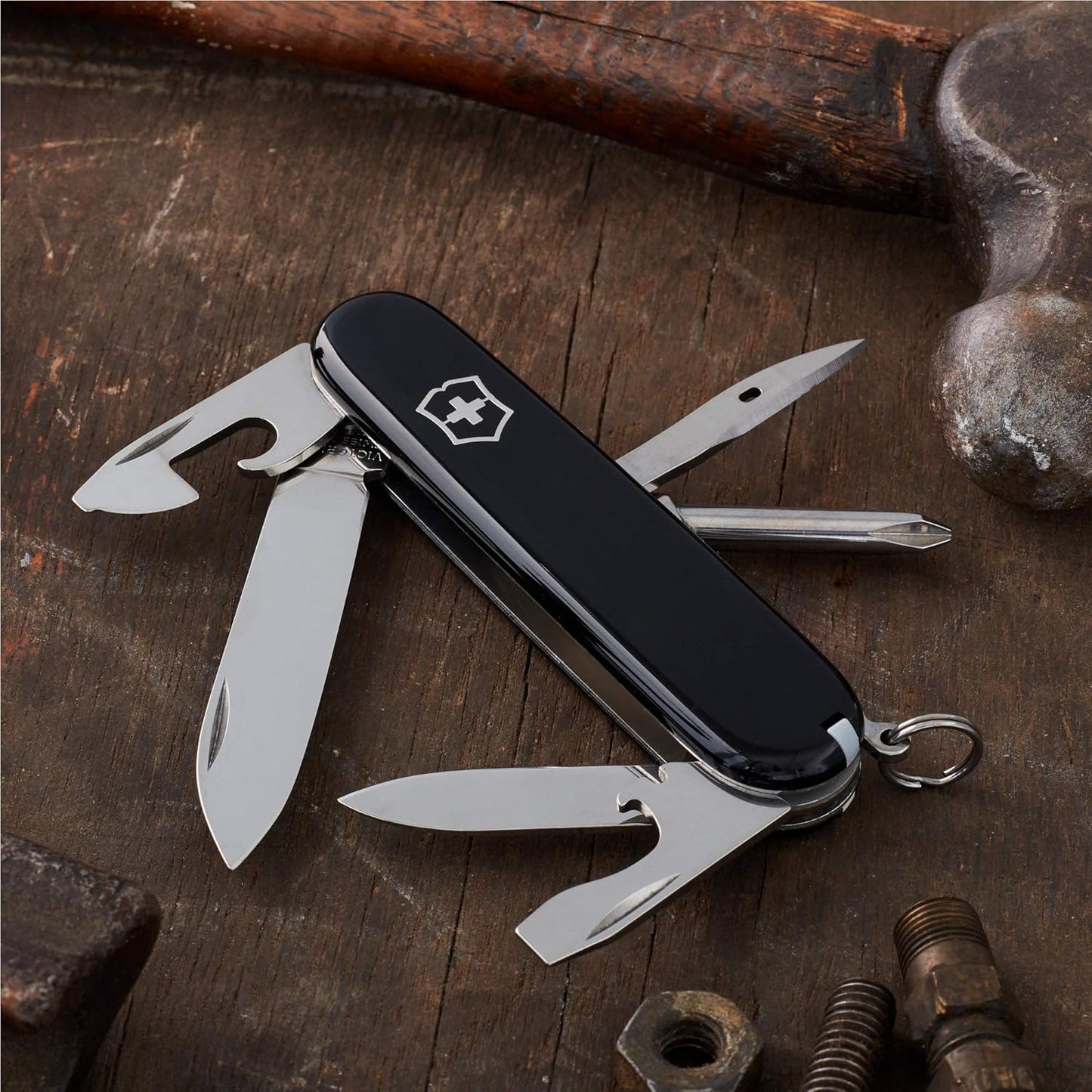 Victorinox Tinker Swiss Army Knife, 12 Function Swiss Made Pocket Knife with 2 Blades (Large and Small), Screwdriver and Wire Stripper - Black