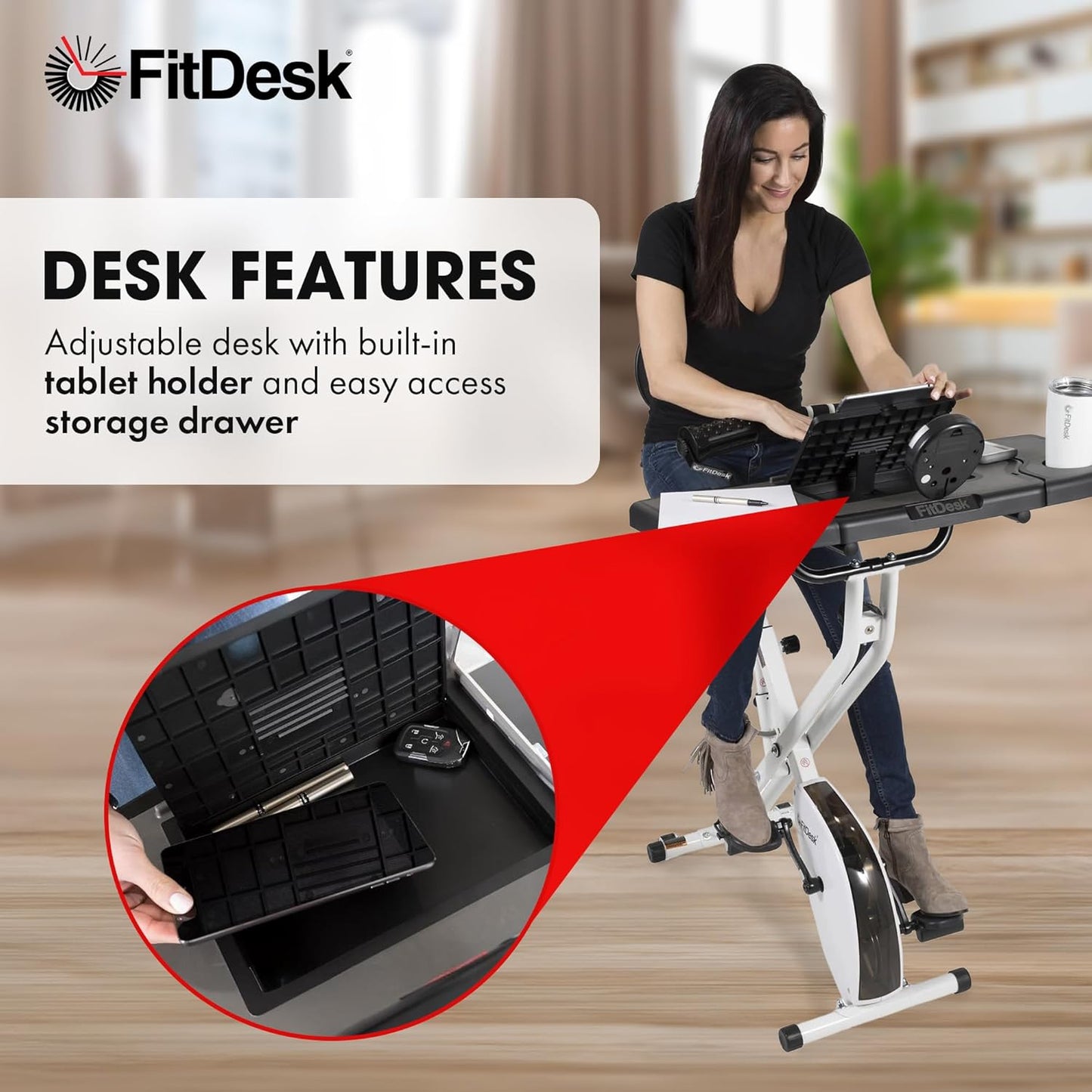 FitDesk Standing Exercise Bike Desk 3.0, Adjustable Height Indoor Cycling Trainer, Tablet Holder, Fitness Table, Portable Exercise Table, Resistance Bands, Home & Office Bike, Supports Up to 300 lbs