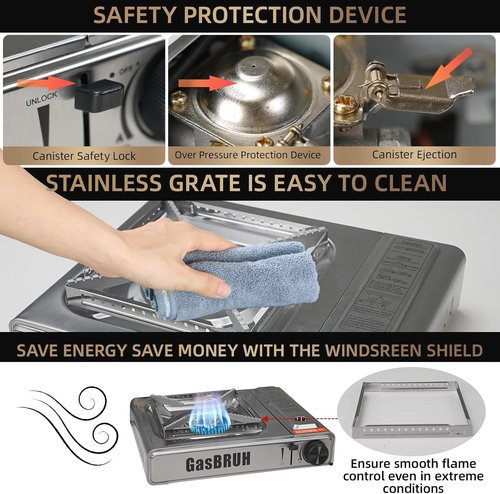 10,000 BTU Dual Fuel Portable Camping Stove - Stainless Steel with Windblocker & Carry Case