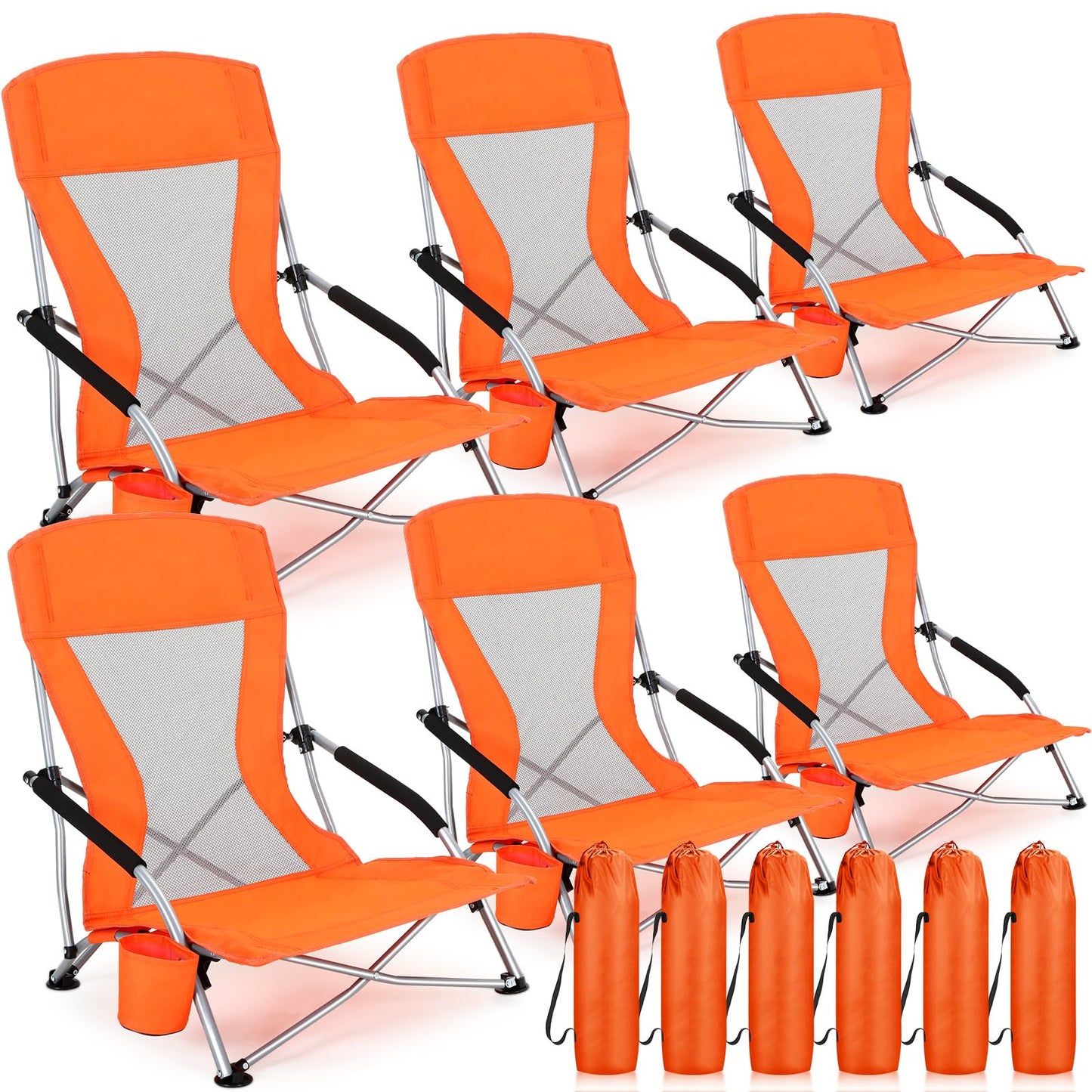 FillTouch 6 Packs Low Beach Chairs Portable Folding Beach Chairs for Adults with Cup Holder Carry Bag Low Back Camping Chair Lightweight Folding Lawn Chairs for Outdoor Sand Travel Concert (Orange)
