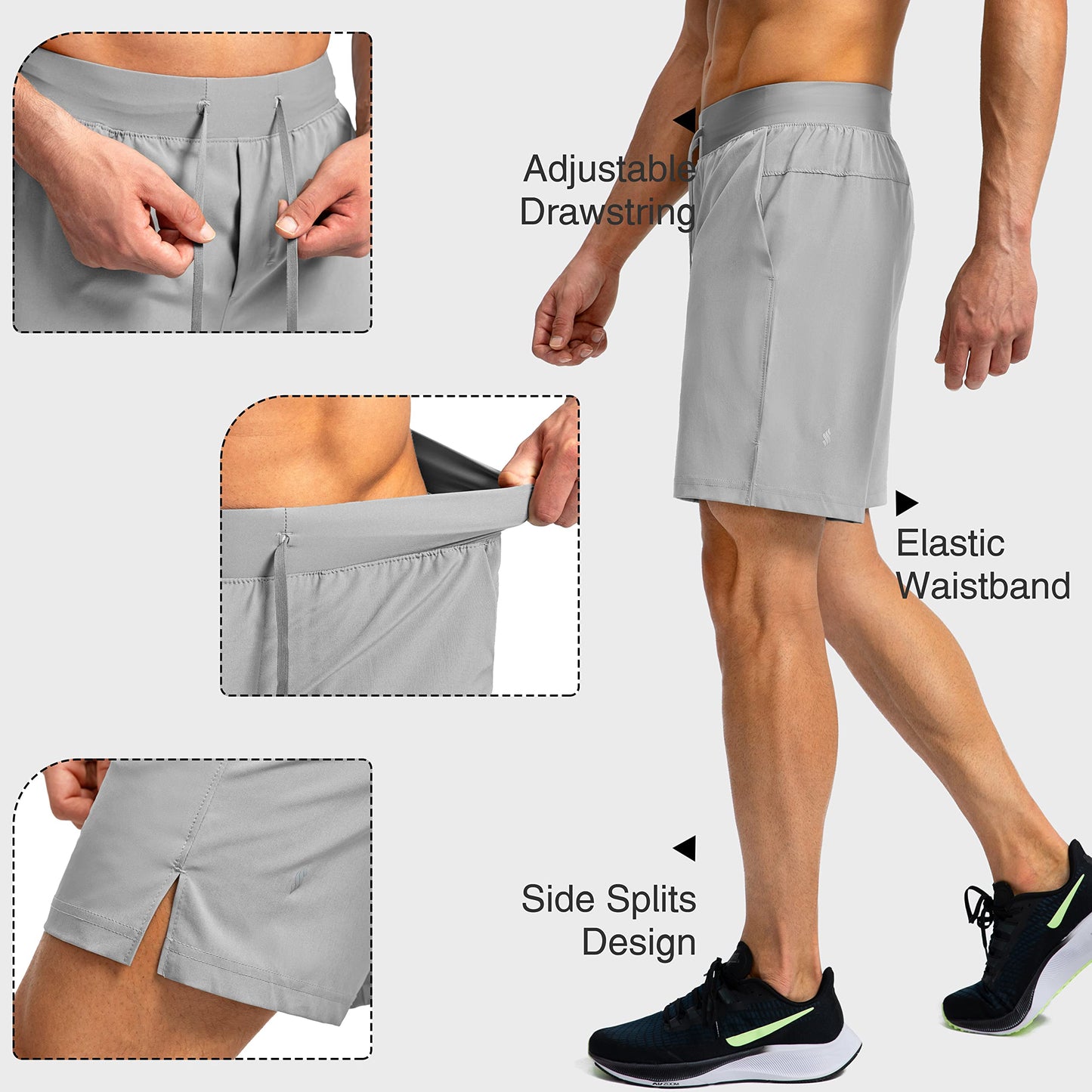 Soothfeel Men's Running Shorts with Zipper Pockets 7 Inch Lightweight Quick Dry Gym Athletic Workout Shorts for Men (Light Grey, 2XS)