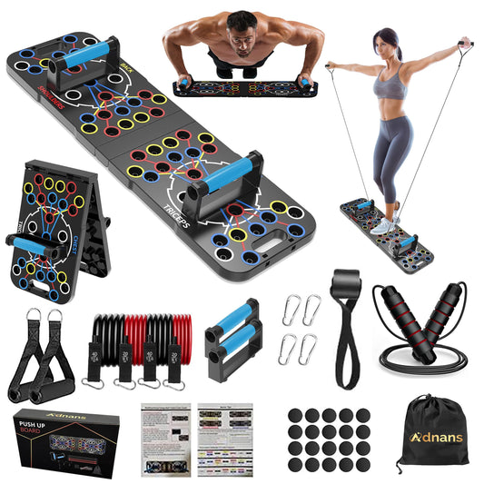 Adnans 54 in 1 Upgraded Foldable Push up Board - Multi-Functional Push Up Bar, Resistance Bands with Handles and Jumping Rope, at Home Workout Equipment for Perfect Push Up