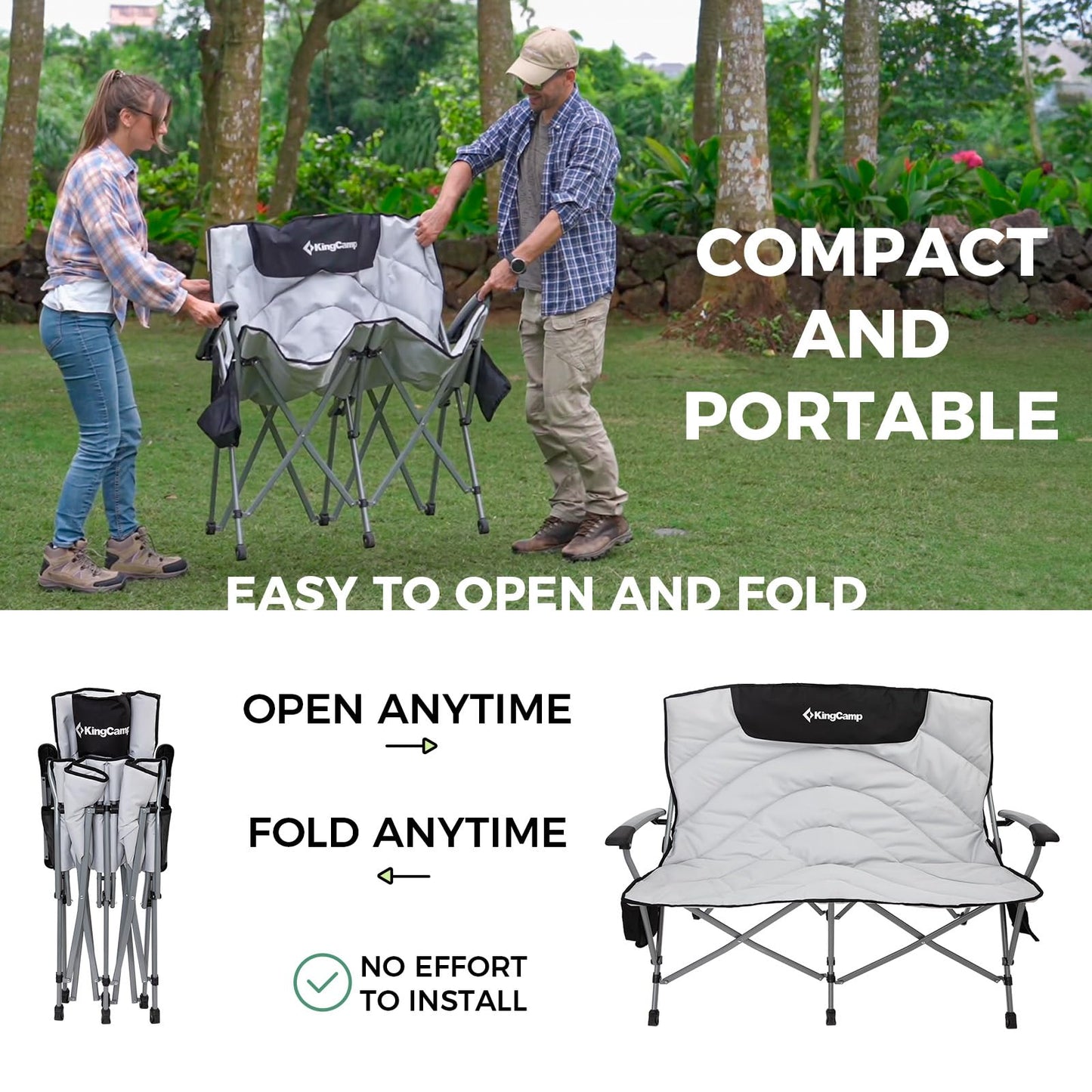 KingCamp Double Camping Chair for Adults, Oversized 2-Person Portable Folding Chair 600 lbs Heavy Duty Outdoor Loveseat with Armrest Cup Holders, Padded Seat and Back for Camping Picnic Patio