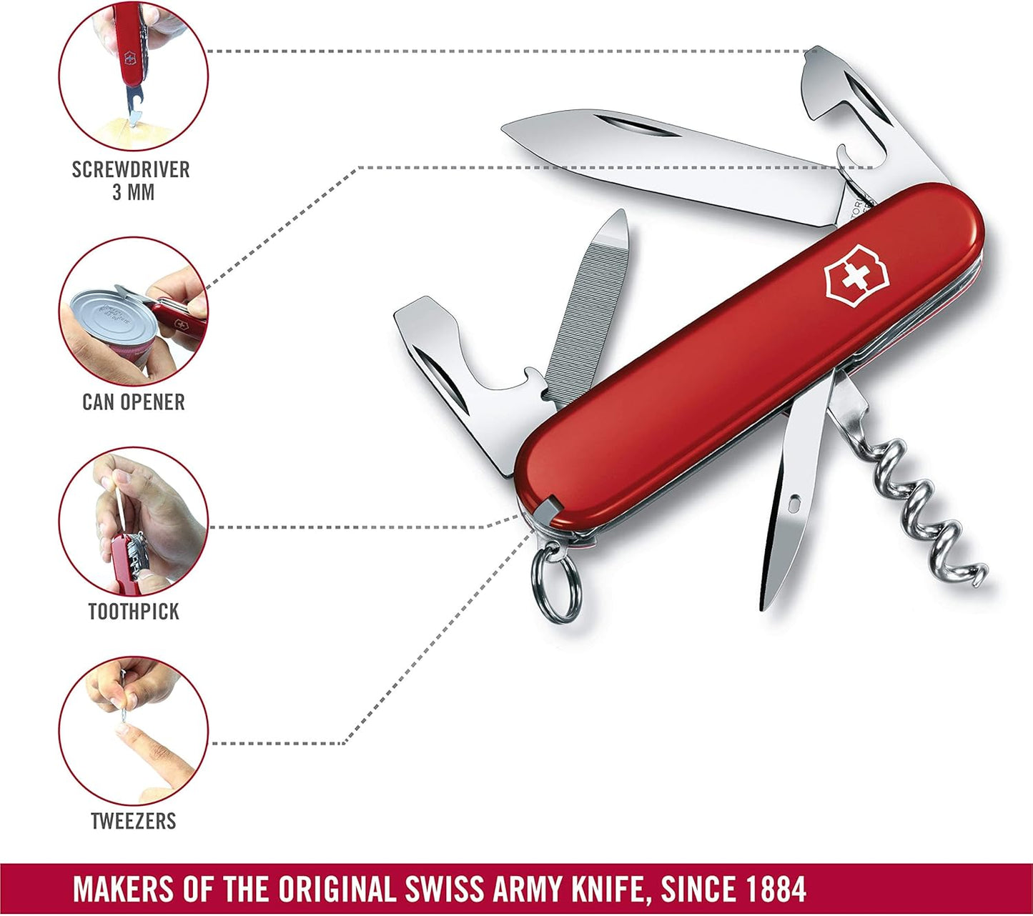 Victorinox Sportsman Swiss Army Knife, 13 Function Swiss Made Pocket Knife with Large Blade, Corkscrew and Wire Stripper - Red
