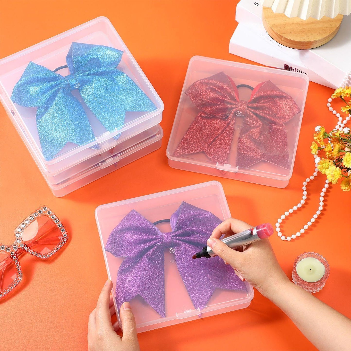 GlikCeil 6 Pcs 7'' x 7'' Cheer Bow Box Portable Case Clear Plastic Storage Containers with Lids for Cheerleading Bows