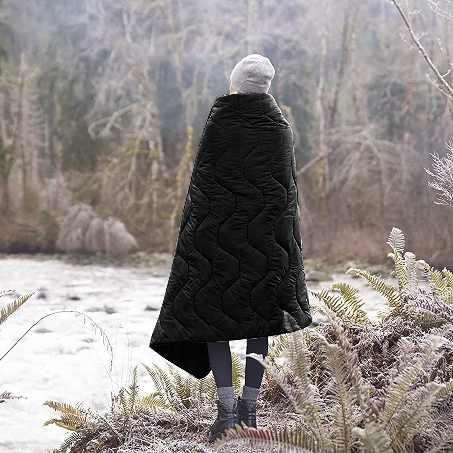 Military Woobie Blanket Thermal Insulated Poncho Liner Camping with Drawstring Carry Bag,Waterproof for Outdoor,Hiking (Black)