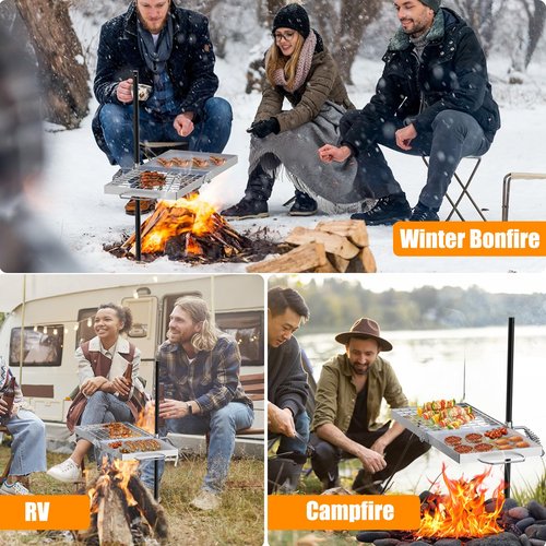 Skyflame Swivel Campfire Grill, Stainless Steel Folding Camping Grill Grate and Griddle with Carrying Bag, Portable Outdoor Cooking Equipment for Open Flame Fire Pit, Backpacking, Camping