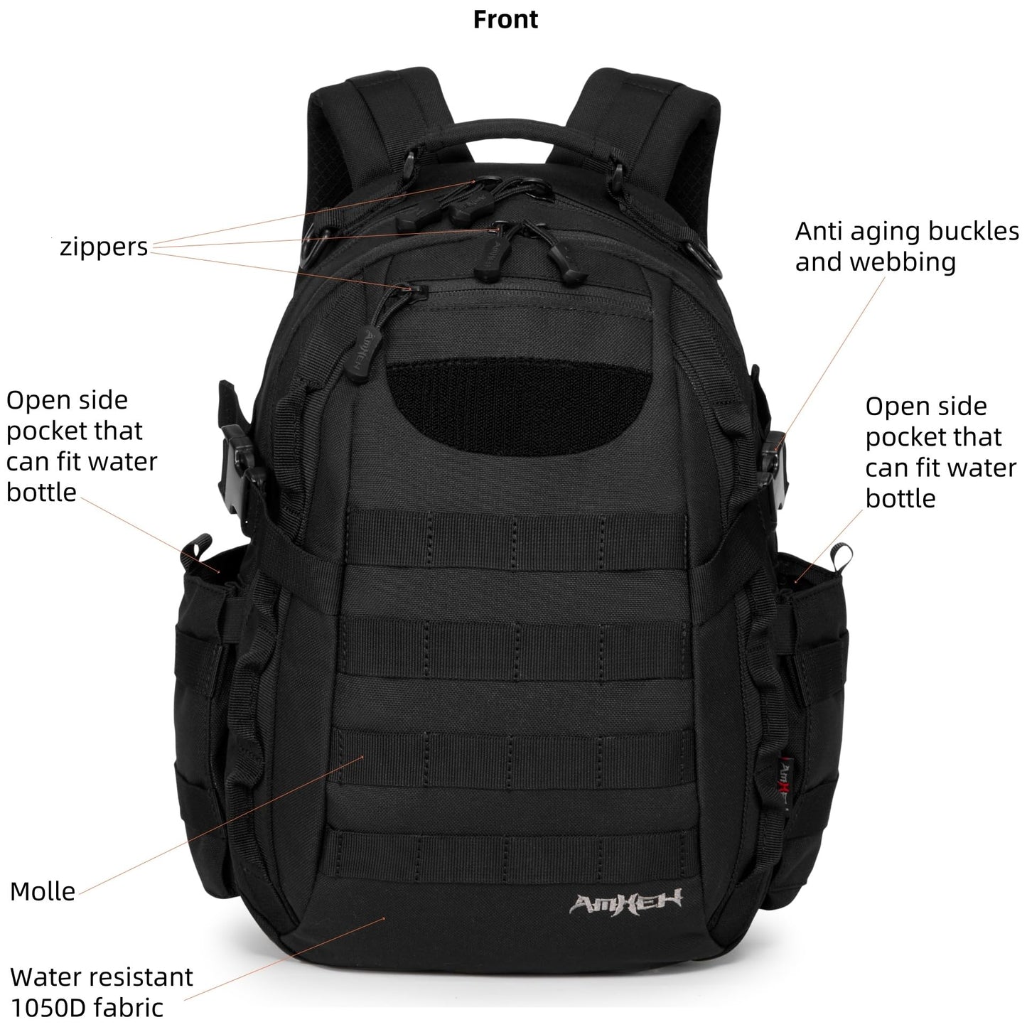 AMHEH 21L Small Tactical Backpack | Fit 12 Inch Laptop, Water Bottle Holder, 1050D fabric, Molle, Daily Work, Travel, Hiking (Black)