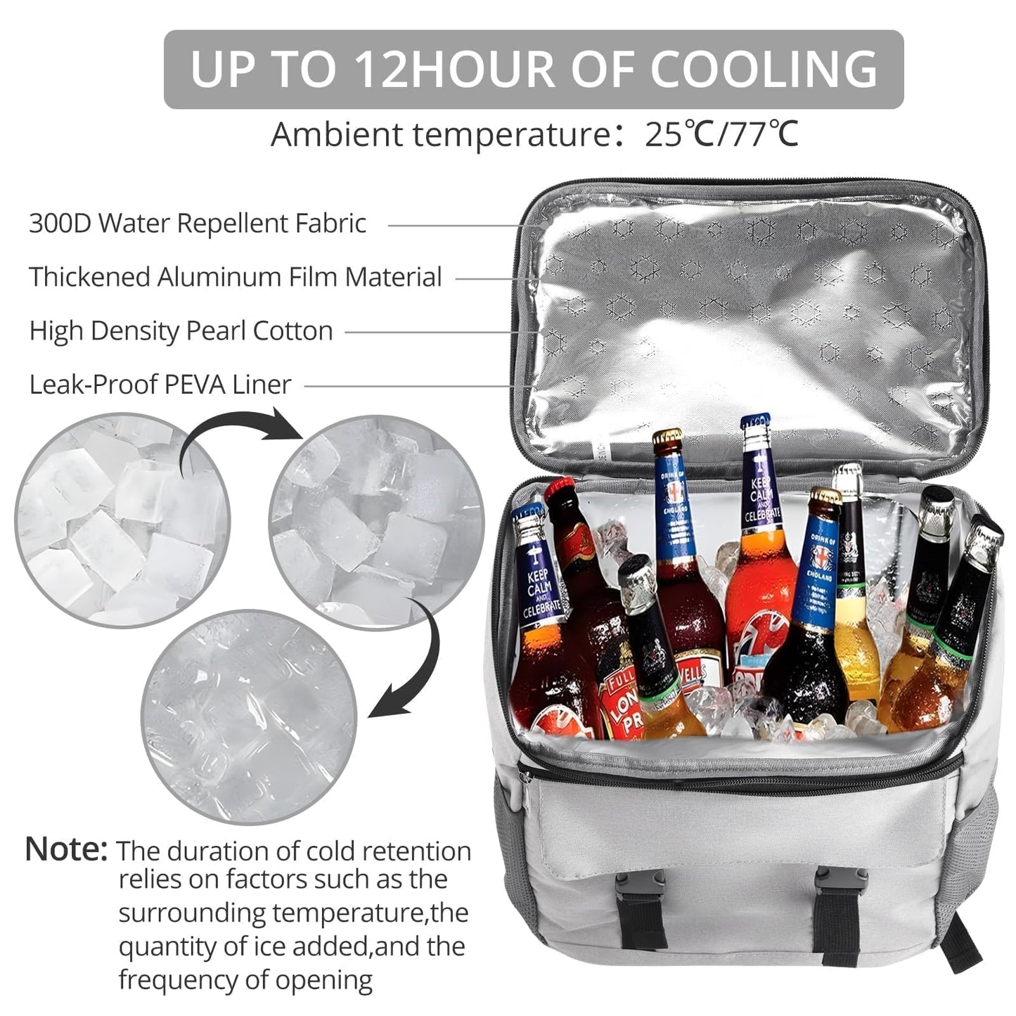 Justech Cooler Backpack 25L, Leakproof Waterproof Beach Backpack, Insulated Lunch Cooler Bag for Men and Women Large Capacity Backpack for Picnic, Camping, Beach, Travel, BBQ, Hiking, Fishing, Grey