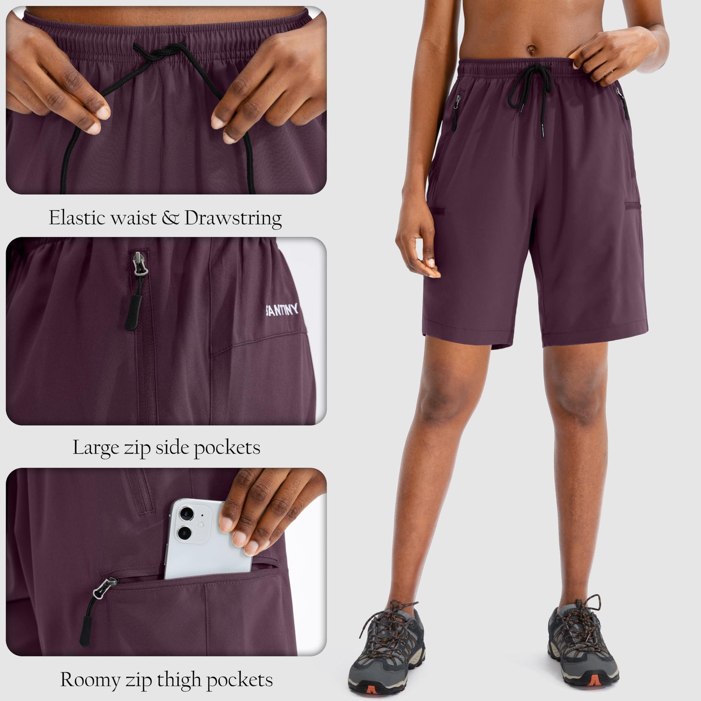 SANTINY Women's 5''/ 7''/9'' Hiking Cargo Shorts Quick Dry Lightweight Summer Shorts for Women Athletic Golf Zipper Pockets(Wine_3XL)