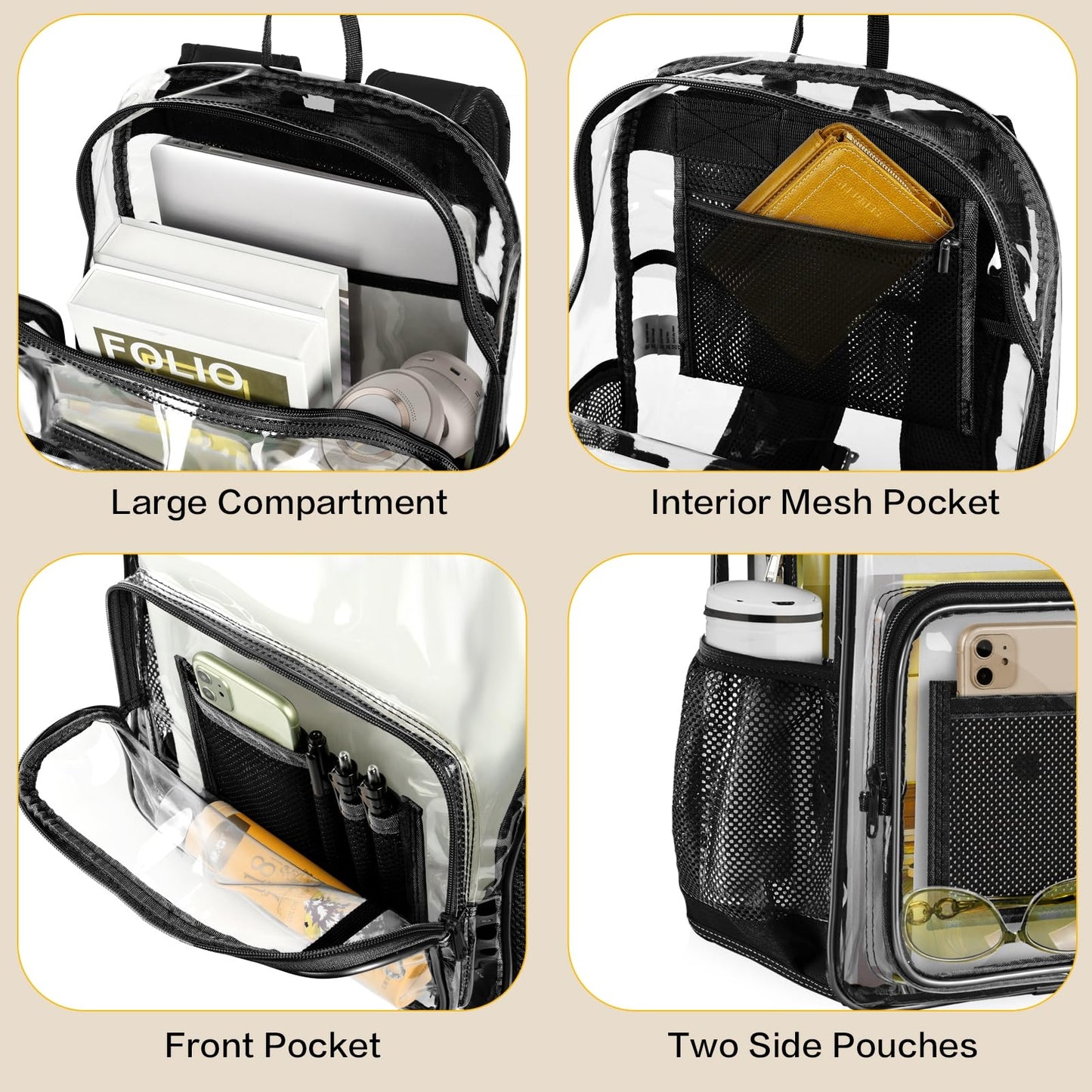 GEAMSAM Clear Backpack Transparent Heavy Duty Bookbag See Through Bag with Reinforced Bottom for College, Travel, Workplace Security - Black