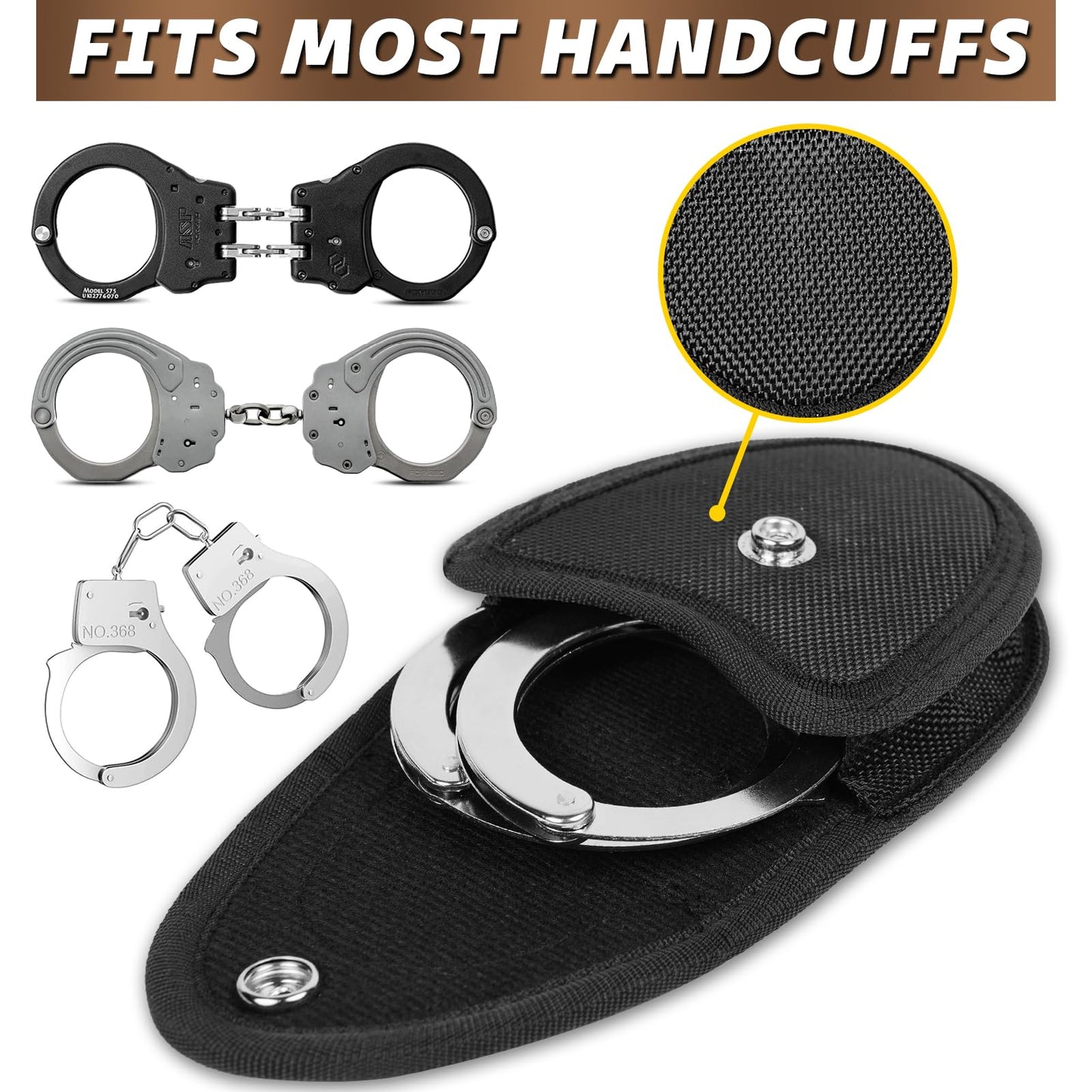 Handcuff Holder，Police Handcuffs Law Enforcement Accessories with Belt Loop， Handcuff Case Hand Cuff Pouch with Copper Snap Flap Top. … (Black, One Pack)