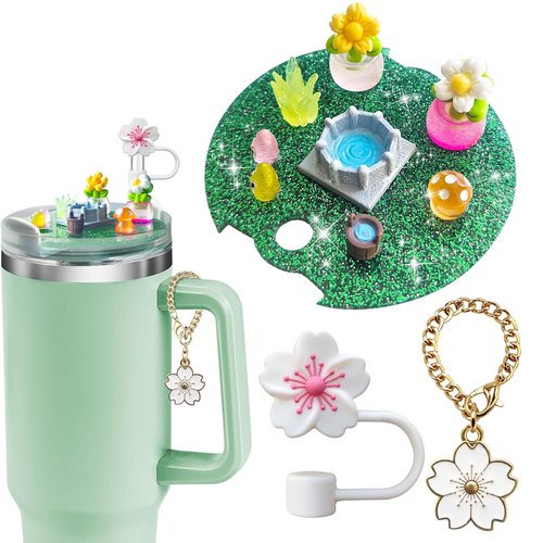 Cup Lid Accessories for Stanley Cup, 1Pcs Siliocne Straw Cover Cap Topper, 1Pcs Cute Charms for Stanley Cups 40oz Tumbler with Handle (Flower)
