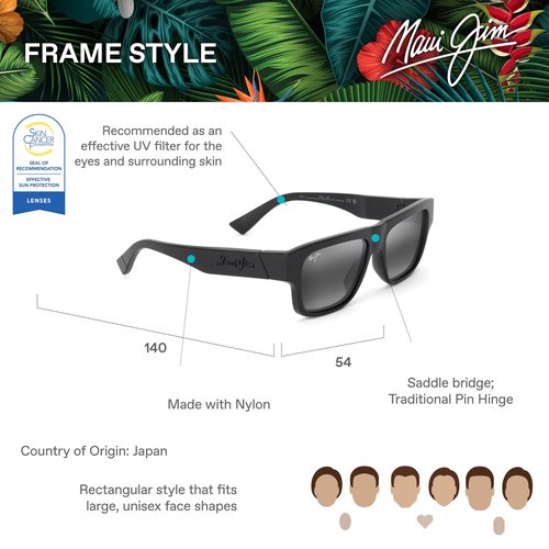 Maui Jim Kokua Rectangle Sunglasses, Matte Black/Neutral Grey Polarized, Large