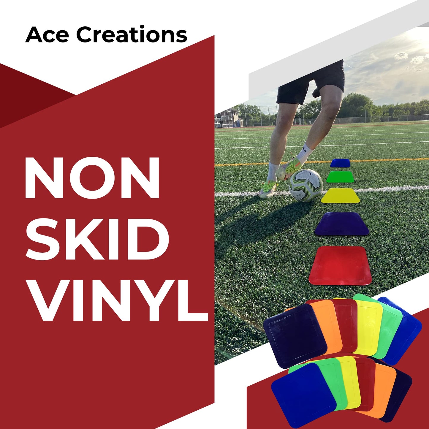 Ace Creations 9 Inch Square Poly Vinyl Spot Markers – Training Drills with School Gyms, Sports Teams, Track and Field, Basketball, Football, Soccer, Baseball, Preschool, Kindergarten – Set of 12