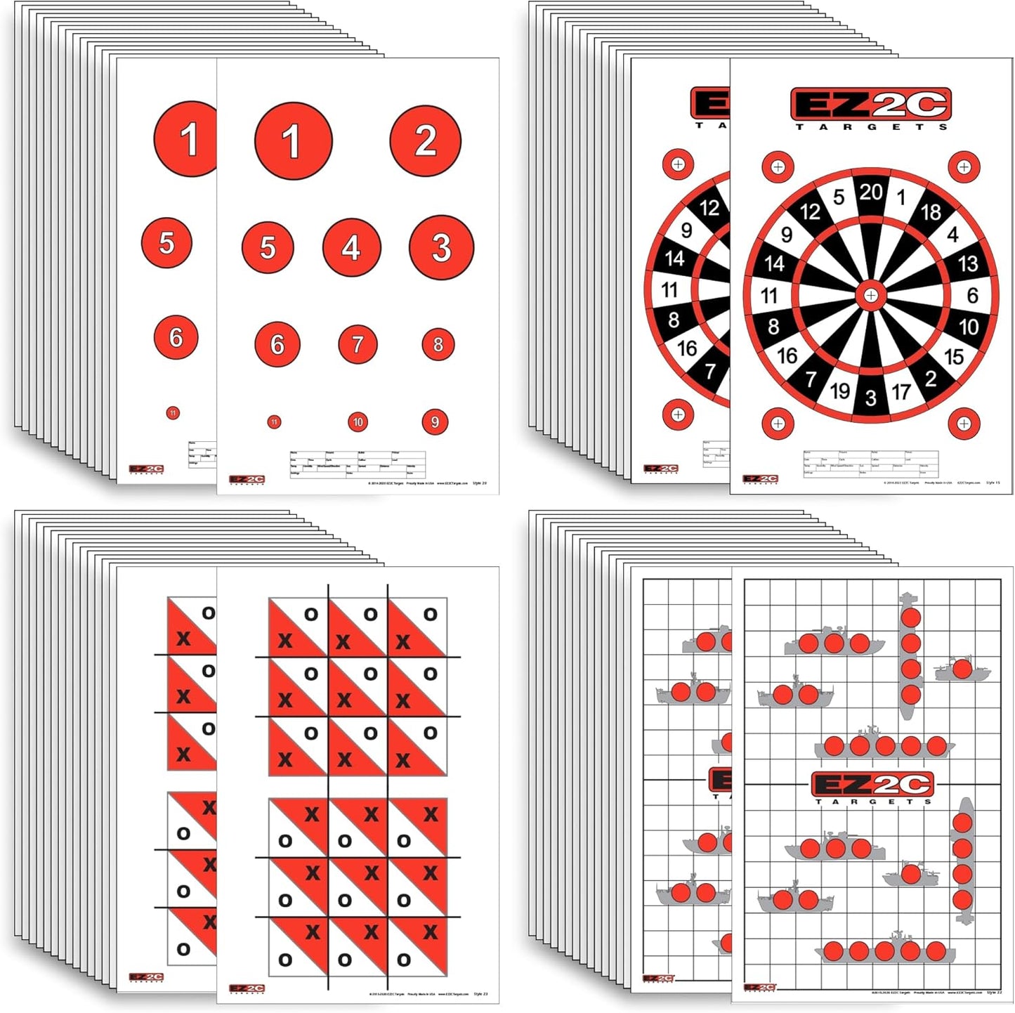 EZ2C Four Game Style Target Paper for Gun Shooting Range, USA Made Handgun, Rifle and Pistol, Made in USA (11x17 inch) (4 Style Bundle 40)