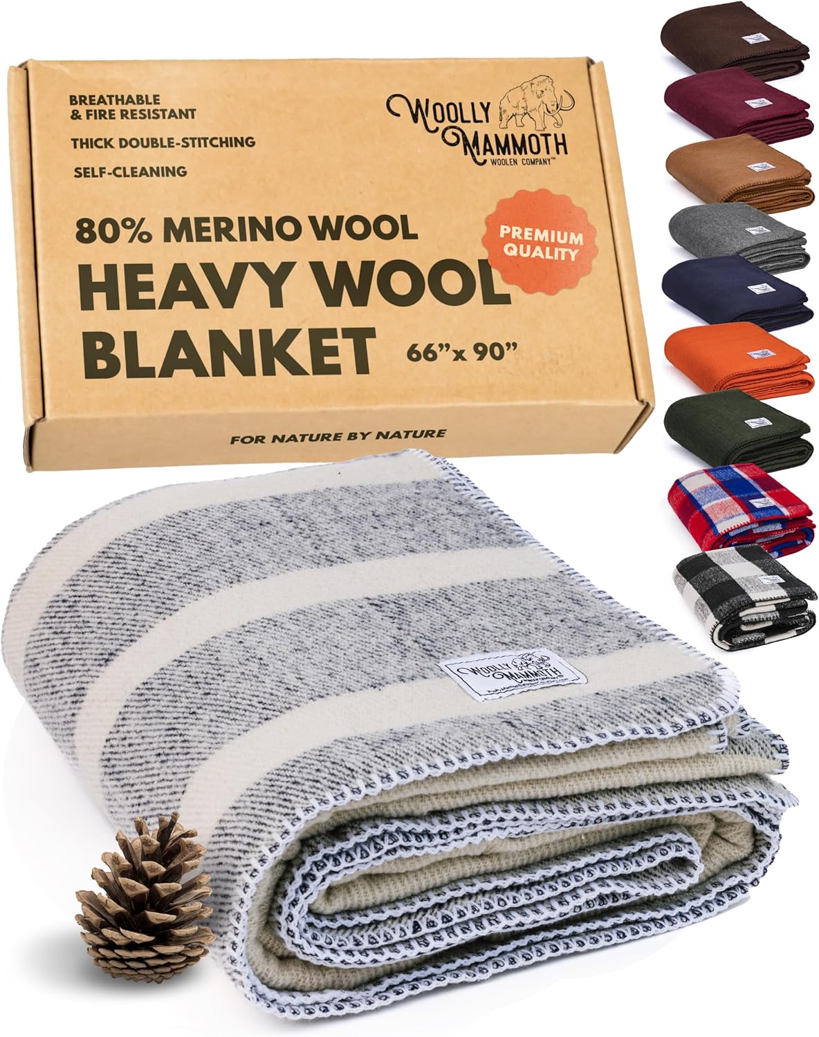 Woolly Mammoth Woolen Co. | Extra Large Merino Wool Camp Blanket | Perfect Outdoor Gear | Bedroll for Bushcraft, Camping, Trekking, Hiking, Survival, or Throw Blanket at the Cabin (Gray), 66" x 90"