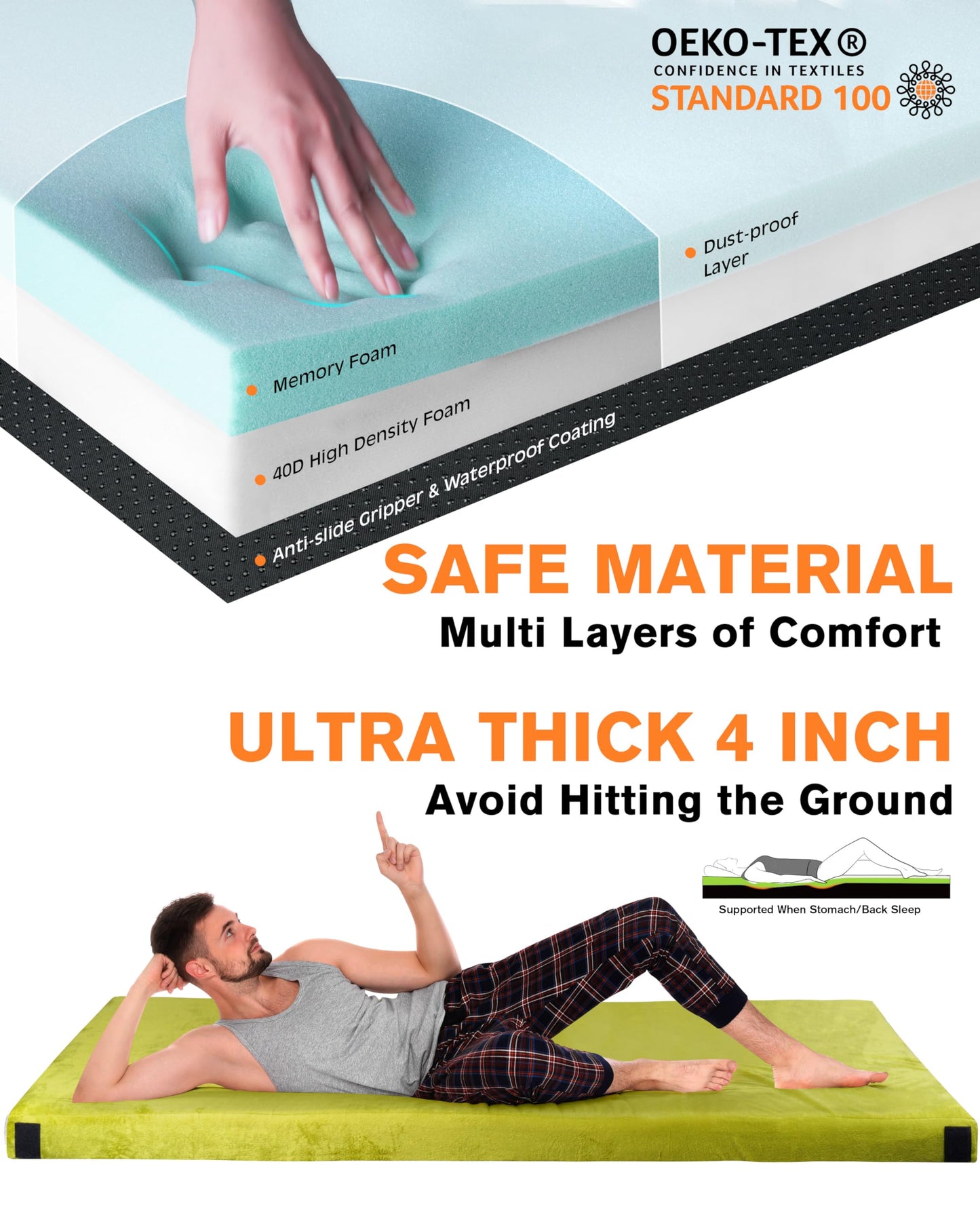 GAIALOOP 4 INCH Thick Memory Foam Camping Mattress, Roll Up Floor Sleeping Mat Camp Cot Mattress Pad Travel Camping Couch Bed for Guest Adults Side Sleepers [Single:75 * 30 * 4"]