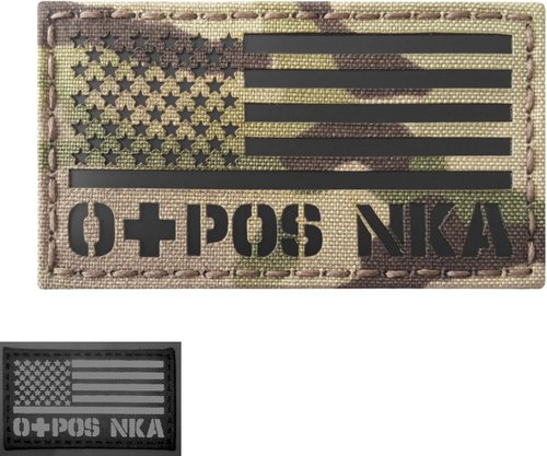 Infrared USA Flag OPOS O+ Blood Type NKA NKDA IR Tactical Morale Touch Fastener Patch (Multicam)