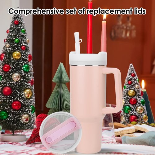 Stanley 2 Pcs Replacement Lids for 40 Oz Tumbler - Silicone Spill Stopper Set with Dust Cover, Straw Lid & Reusable Straws (Pink)
