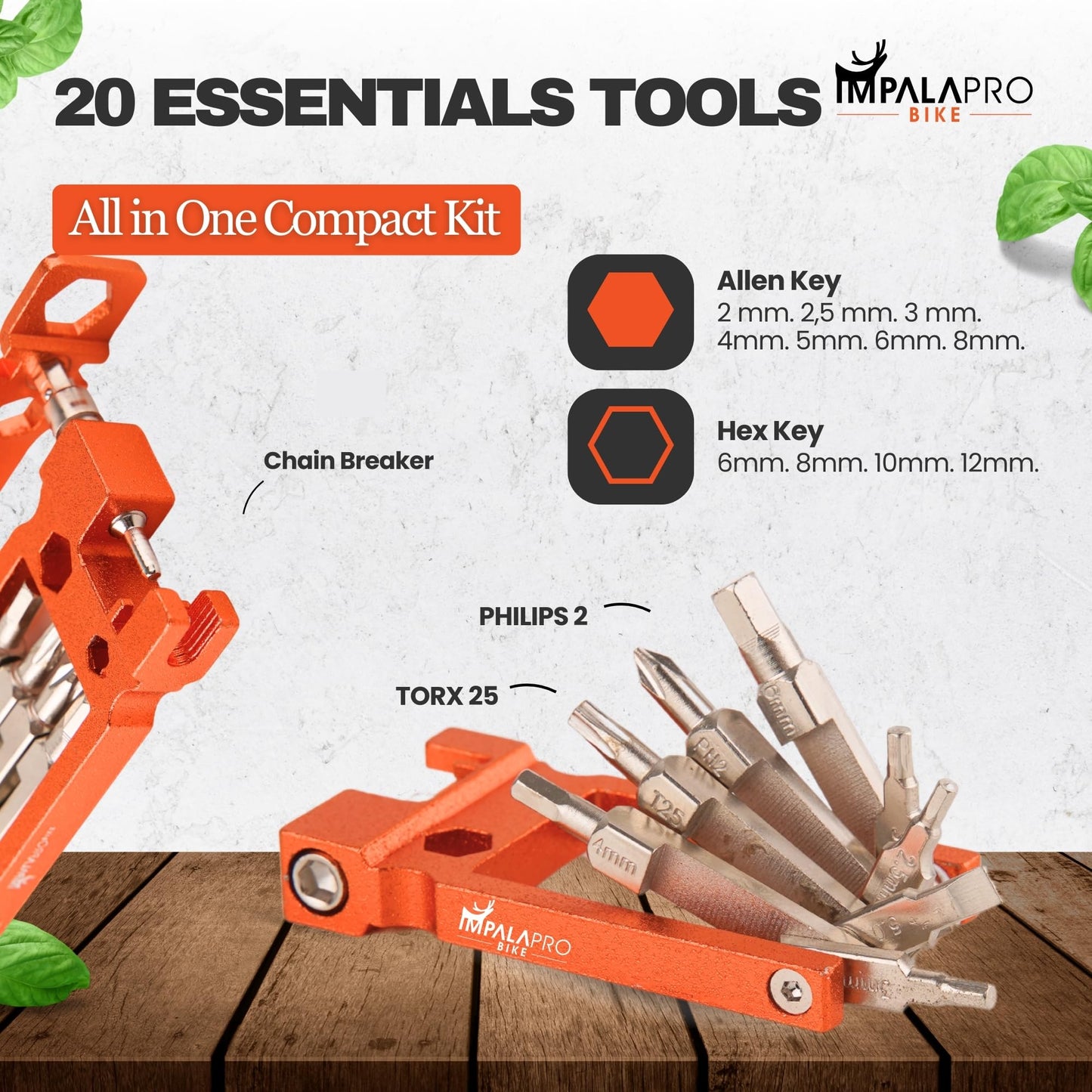 IMPALAPRO Bike Tool Kit Portable 20 in 1 Compact and Lightweight (117.5g) Chrome-Vanadium (CRV) - Bike Multitool with Chain Breaker - MTB Multitool - Bike Repair Tools (Orange)