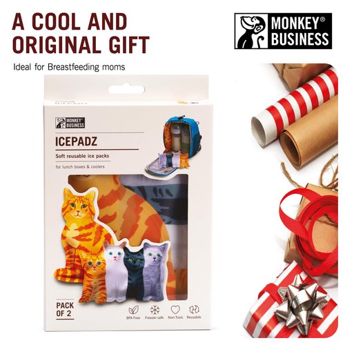 Monkey Business Icepadz Soft Ice Pack Set, 2 Reusable Ice Packs for Baby Bottles and Breast Milk, Slim Ice Pack for Cooler and Lunch Box, (Icepadz - Kitty)