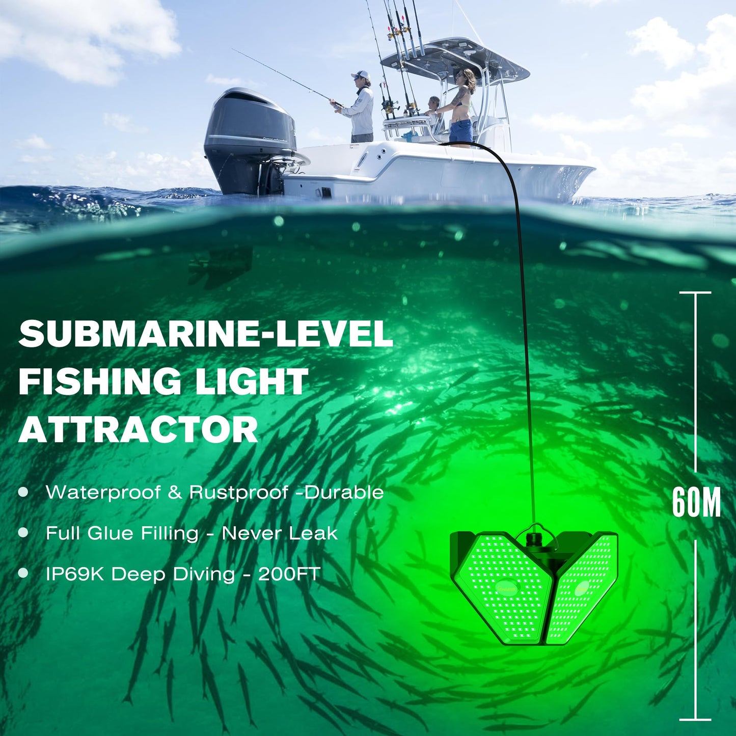 Goldlife 12V Underwater Fishing Light with 50ft Cable, 400W 40000LM Foldable Brightness Green LED Submersible Light Attractants for Docks/Boats/Kayaks, IP69K Rated for Fresh & Salt Water