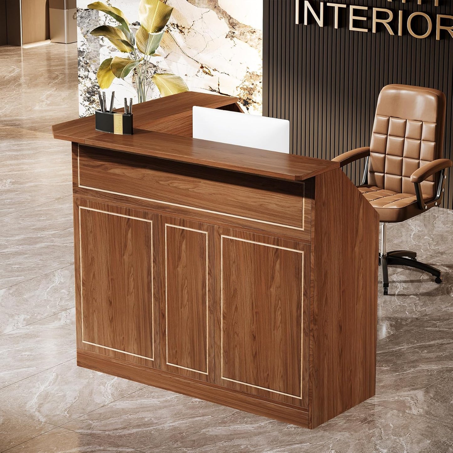 Tribesigns Reception Desk with Storage Shelves, L-Shaped Modern Front Desk, Reception Counter Table for Small Office, Salon, Checkout Office, Black
