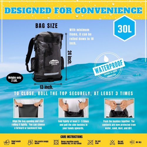 Tactiko 30L 100% Waterproof Backpack with Carabiner, Rip-Stop Floating Roll Top Dry Bag for Kayaking, Hiking, Camping, Survival - U.S. Company (Black Camo)