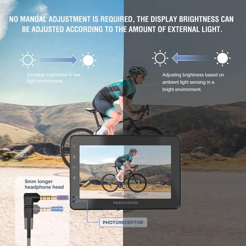 PARKVISION Handlebar Bike Mirror, Bicycle Rear View Camera with Anti-Glare Sunshade, 4.3'' HD 1080P Monitor, 8000mah Battery, 120° Wide Angle View, Bike Camera for Mountain,Ebike,Road Bike