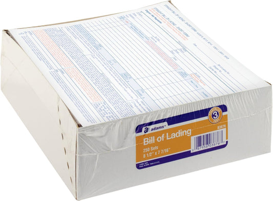 Adams Bill of Lading Short Form, 8-1/2 x 7-7/16 Inches, White, 3-Part, 250-Count (B3876)