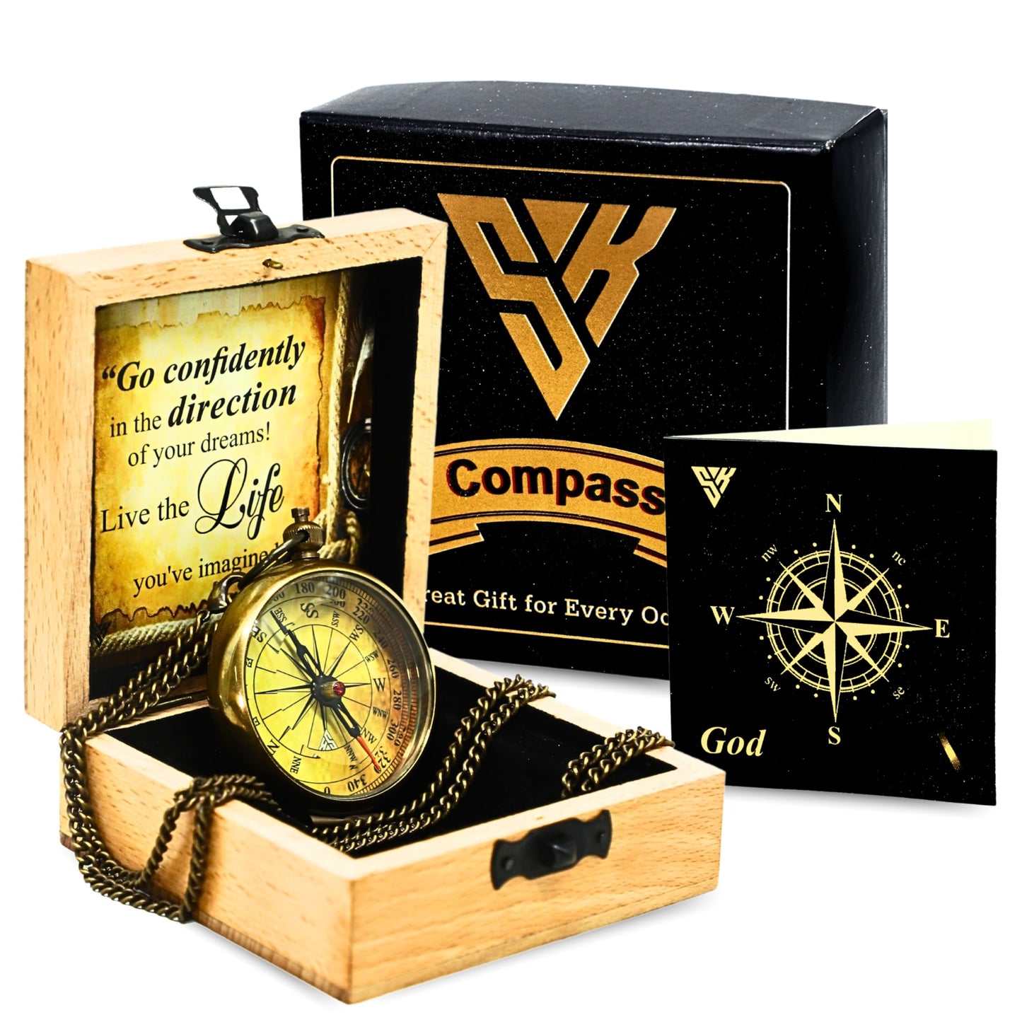Antique Pocket Compass with Wooden Box for Gift on Birthday Compass Engraved with Inspirational Quotes, Brown Gift for Birthday Anniversary