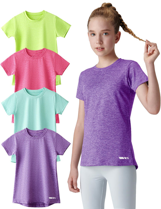 4 Pack: Youth Girls Athletic Shirts, Short Sleeve Dry Fit Apparel Tech Tshirts, Sports Activewear for Kids Teens (Set 3, Large)