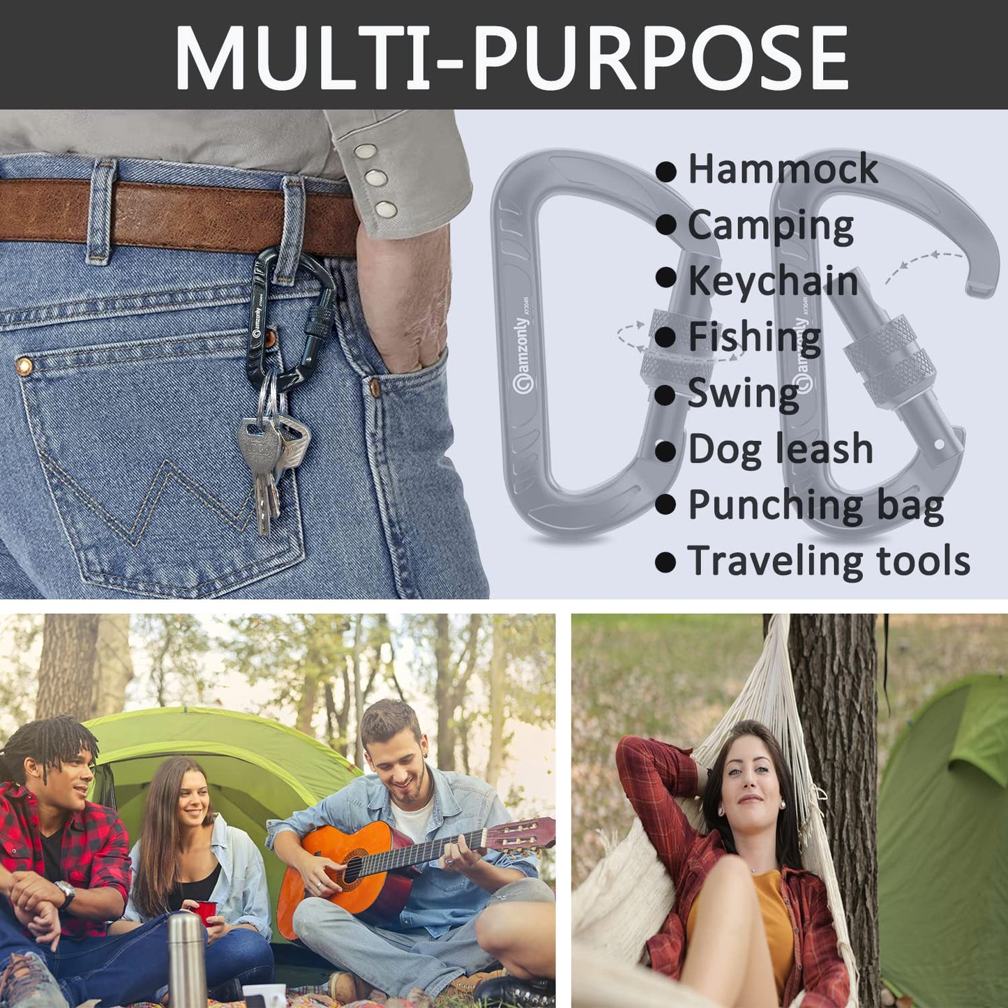 Amzonly 12kN Heavy Duty Carabiner Clip, Screw Locking Carabiner Clips for Securing Pets, Camping, Hiking, Hammock, Dog Leash Harness, Keychains Black, 4Pack