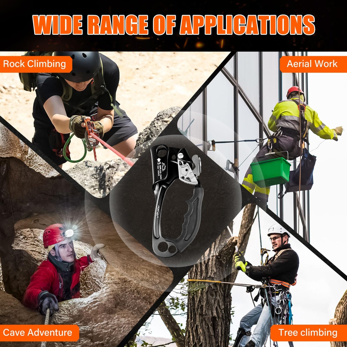 AOKWIT UIAA & CE Certified Rope Ascender Aluminum Alloy Rock Climbing Gear Strong Rigging Rappelling Equipment for Rock Tree Climbing Arborist Rescue Mountaineering Caving (Right Hand Black 1)