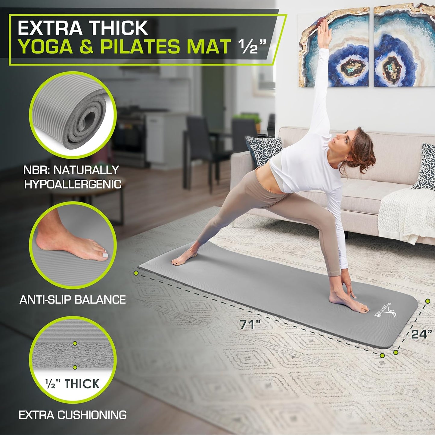 Extra Thick ½” Yoga & Pilates Mat - 71” High Density Foam with Carrying Strap