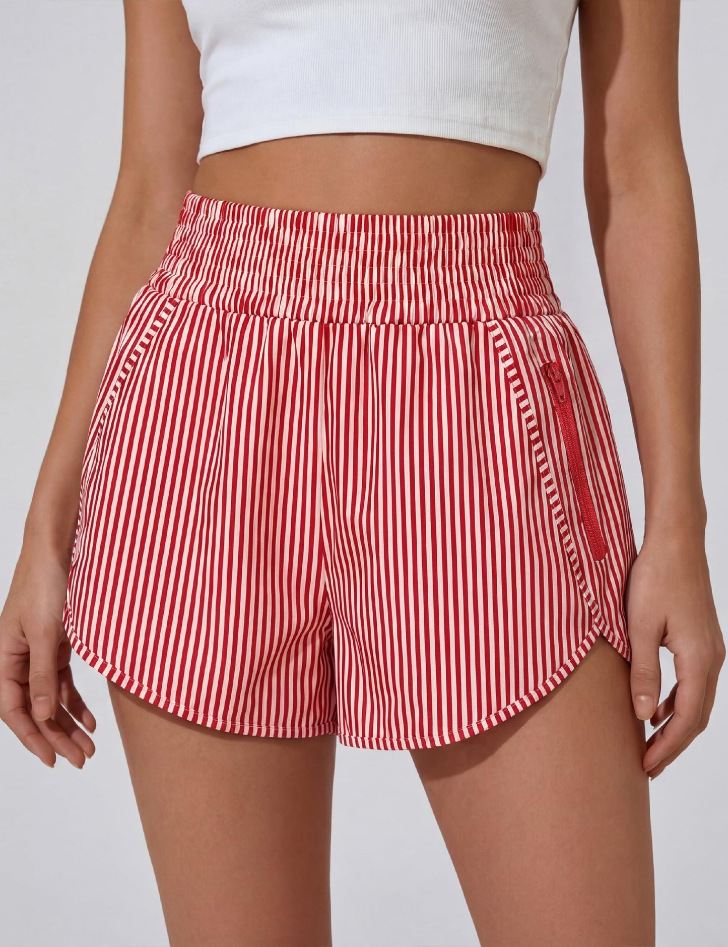 BMJL Women's Athletic Shorts High Waisted Running Short Pocket 2.5" Sporty Shorts Gym Elastic Workout Shorts(L,Red Striped)