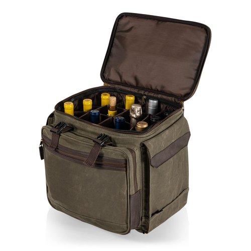 PICNIC TIME Somm - 12 Bottle Insulated Waxed Canvas Wine Bag with Rolling Cart, (Khaki Green with Brown Accents)