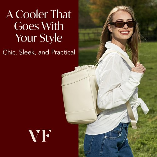 Insulated Cooler Backpack with 2 Stainless Steel Wine Tumblers – Leakproof & Spillproof Stylish Vegan Leather Picnic Cooler Bag – Lightweight & Portable – Holds 24 Cans or 6 Wine Bottles (Beige)