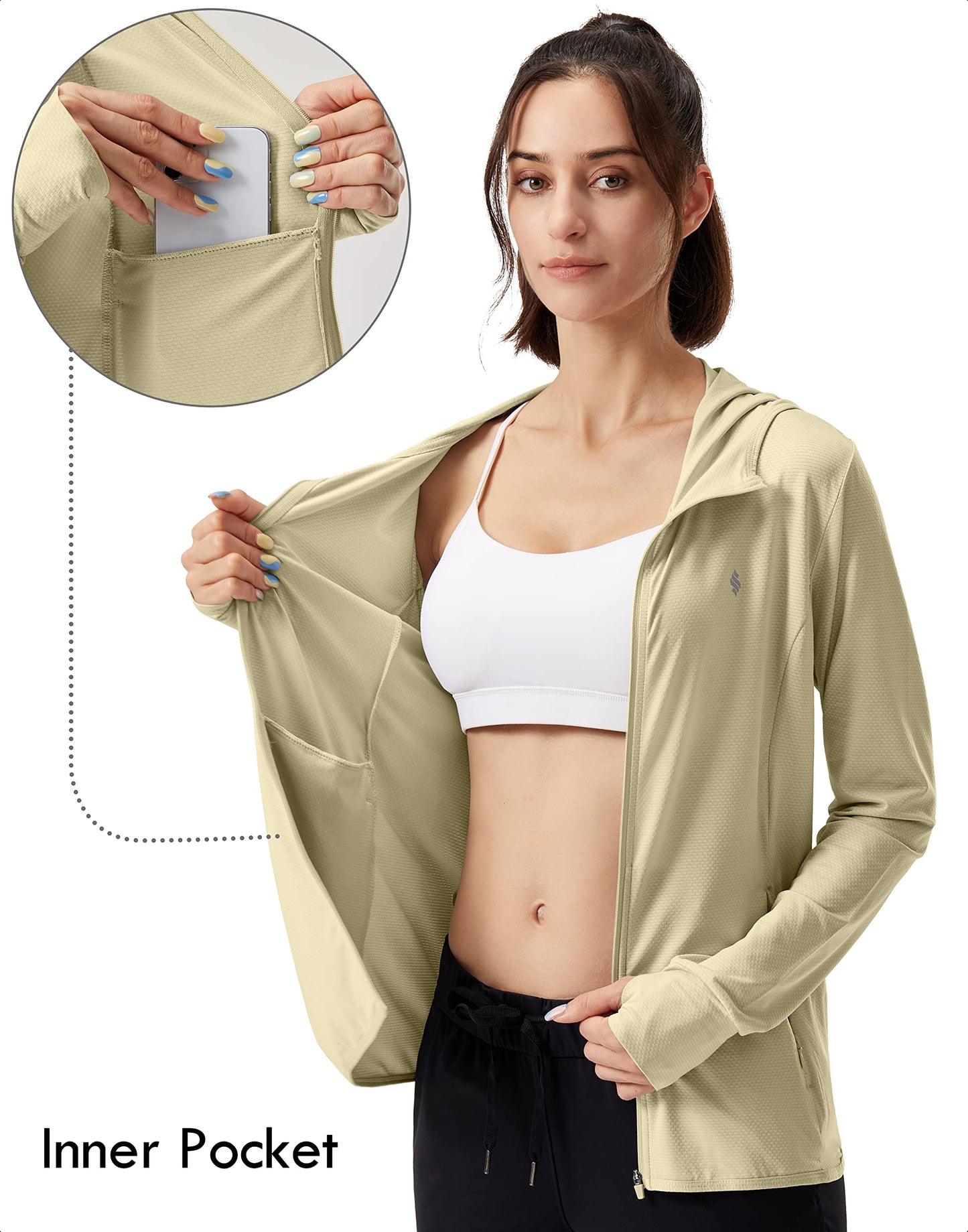 Soothfeel Women's UPF 50+ Sun Protection Hoodie Jacket Lightweight Long Sleeve Sun Shirt for Women with Pocket Hiking Outdoor(Khaki, XL)