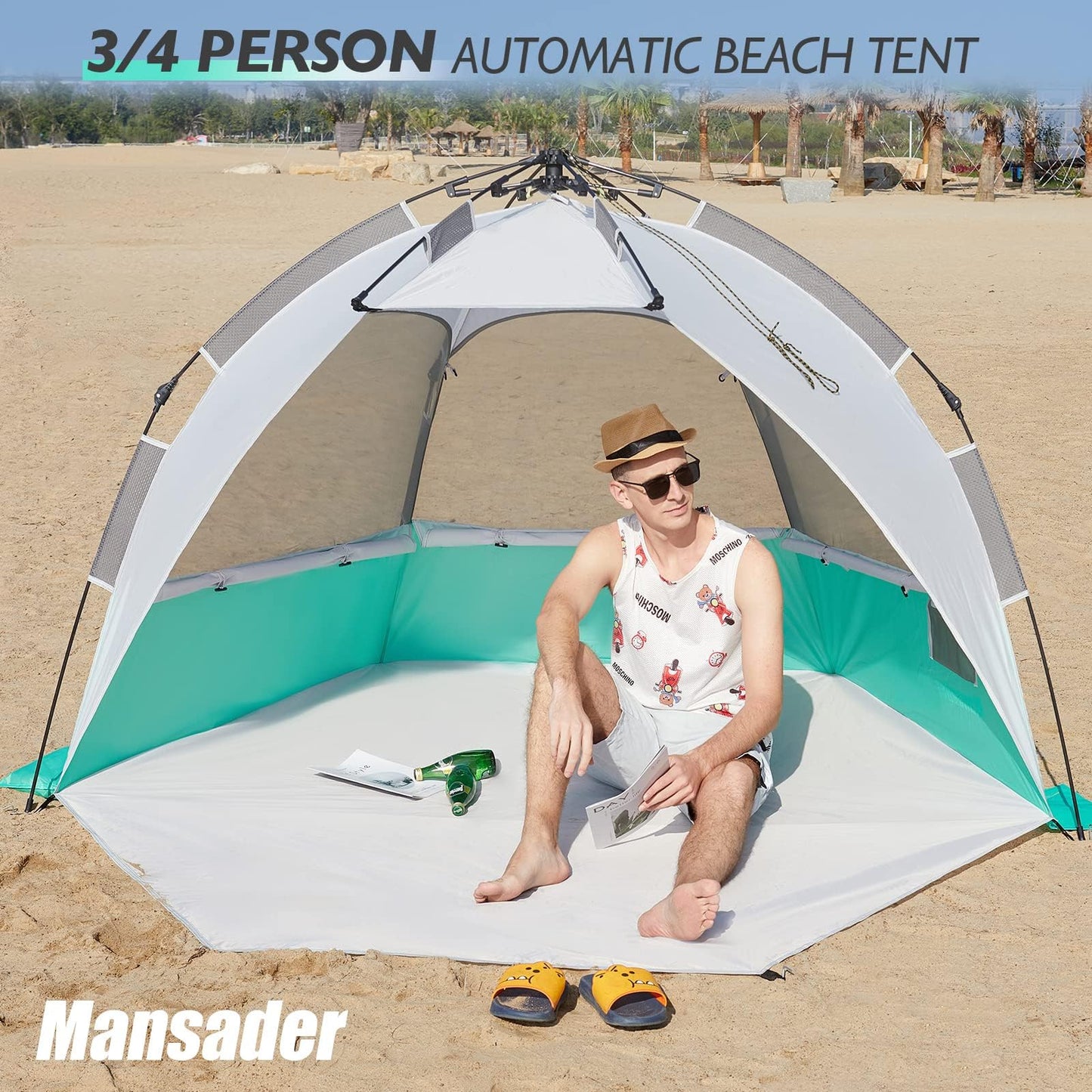 Mansader 2-3 Person Large Instant Pop Up Beach Tent, UV Protection Portable Easy Setup Sun Shade Shelter, Extended Floor with 3 Ventilating Mesh Windows for Outdoor Camping Fishing (Green)