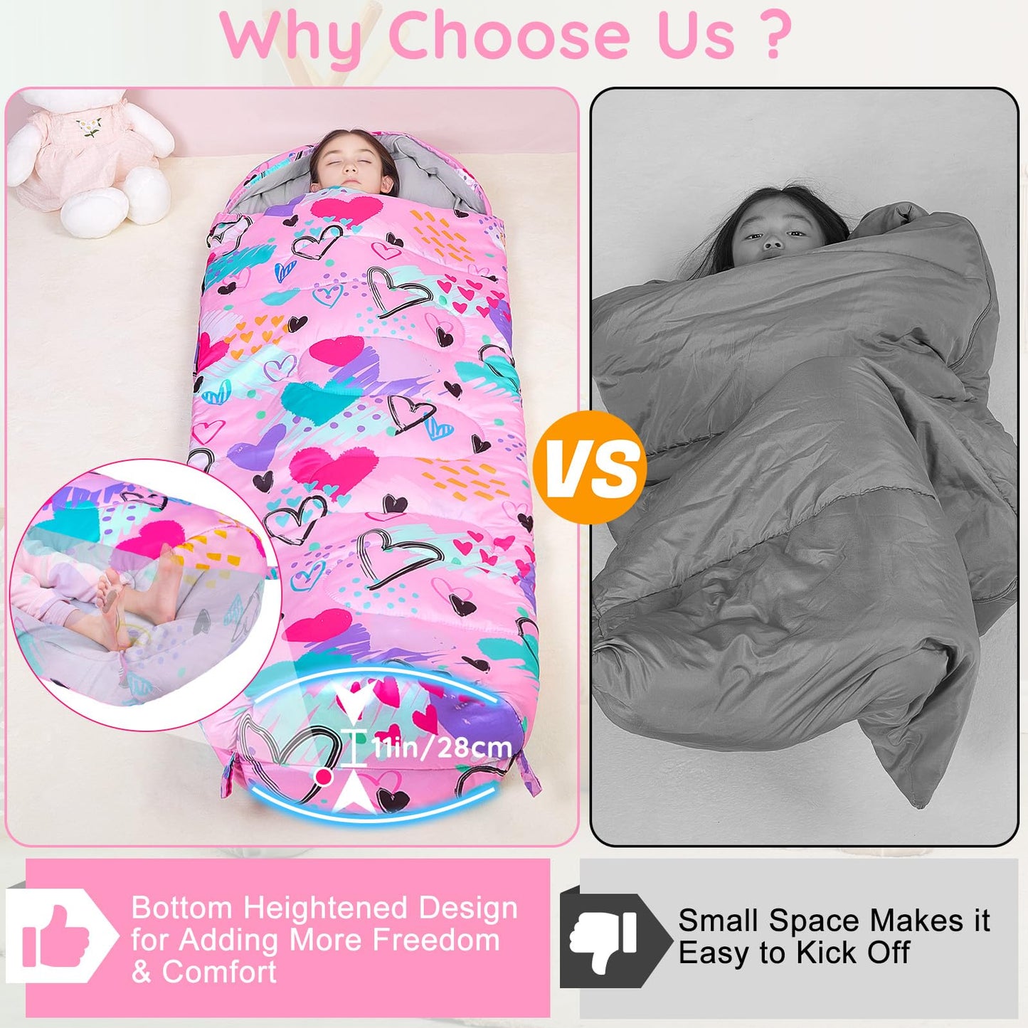 FIOBEE Kids Sleeping Bag for Girls Boys 3 Season Warm & Cool Weather 41-60.8℉ Camping Sleeping Bags with Backpacking Bag for Traveling Hiking Indoor Outdoor Camping Essentials Gear, Pink Love