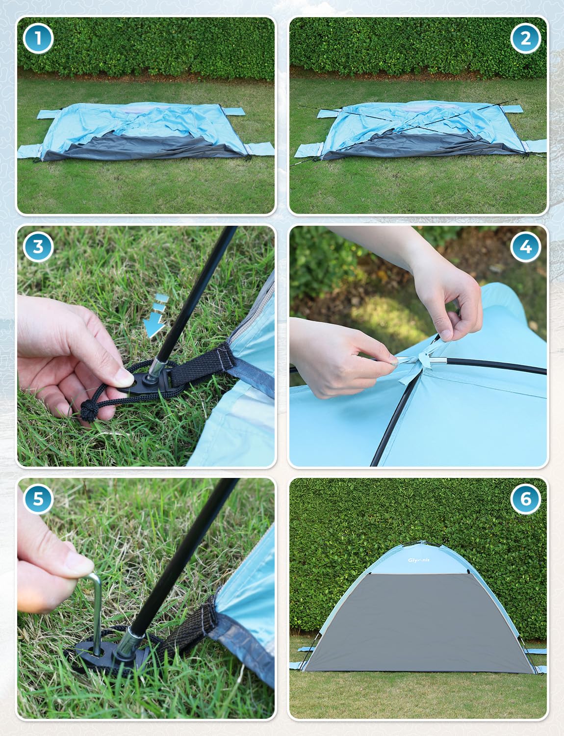 Glymnis Beach Tent Sun Shelter for 3 Person with UPF 50+ UV Protection, Lightweight & Easy Setup Beach Shade Canopy with Vent Windows & Zippered Door