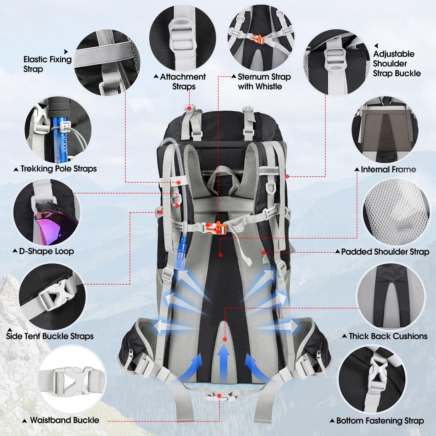 IGOLUMON 60L Hiking Backpack, Large Camping Backpack with Rain Cover Waterproof Travel Hiking Daypack Lightweight Backpacking Pack for Men Women, Black